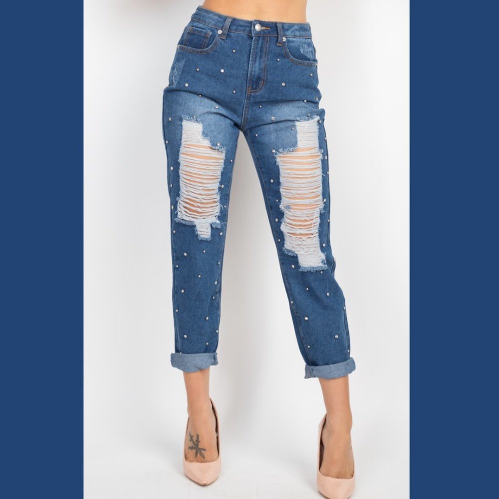 NWT Rhinestone Stud Distressed Jeans High Rise High Waist Straight Crop Junior